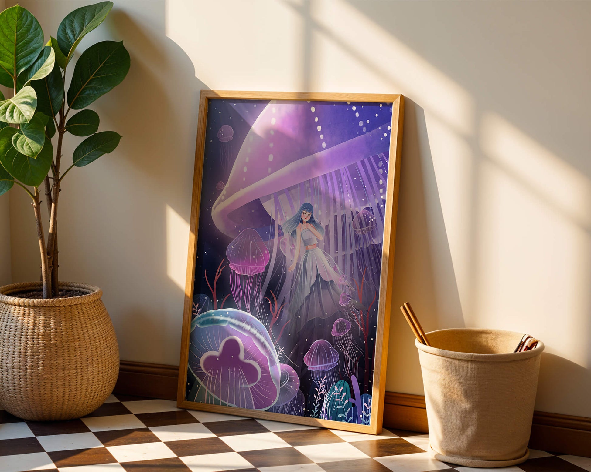 Underwater Fantasy Scene with Jellyfish and Girl