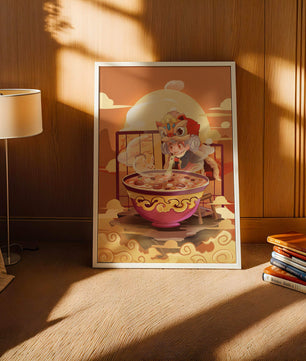 Ilustración de un niño con traje tradicional y un gran tazón de sopa