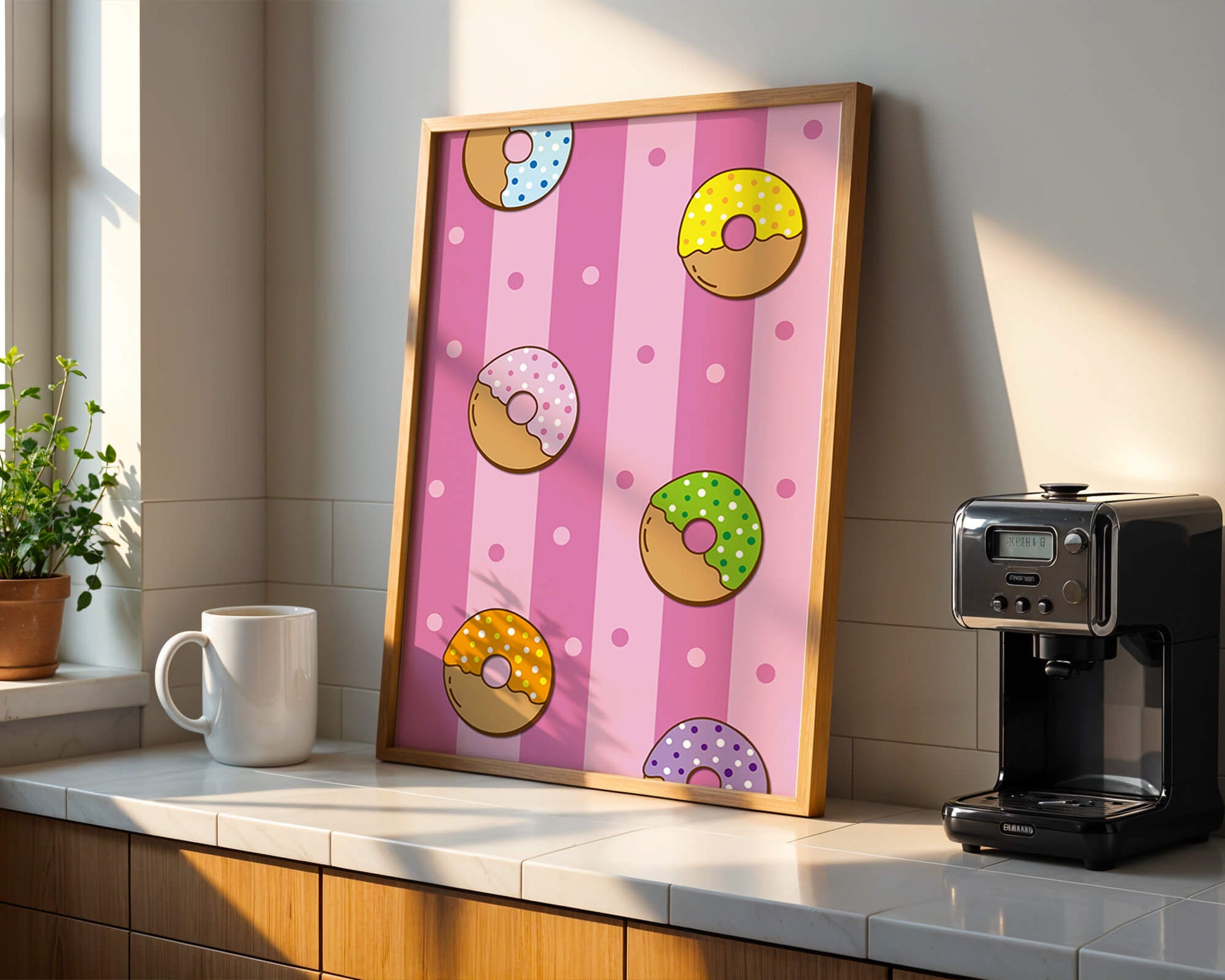 Colorful donut pattern on pink striped background