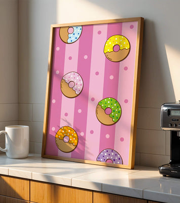 Colorful donut pattern on pink striped background