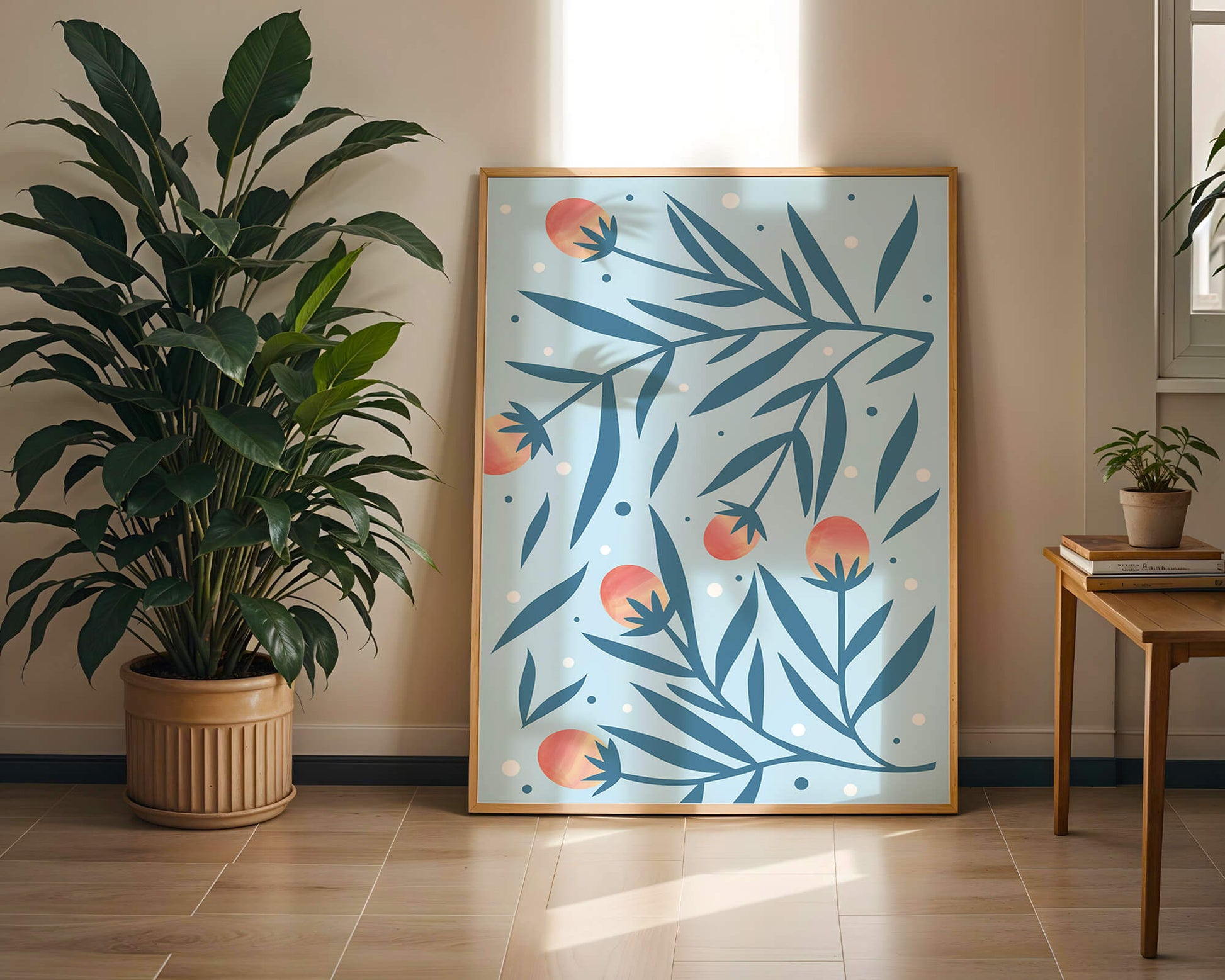 Abstract botanical pattern with colorful flowers and leaves on light blue background