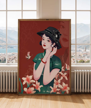 Elegant woman in vintage attire with floral hat and lilies