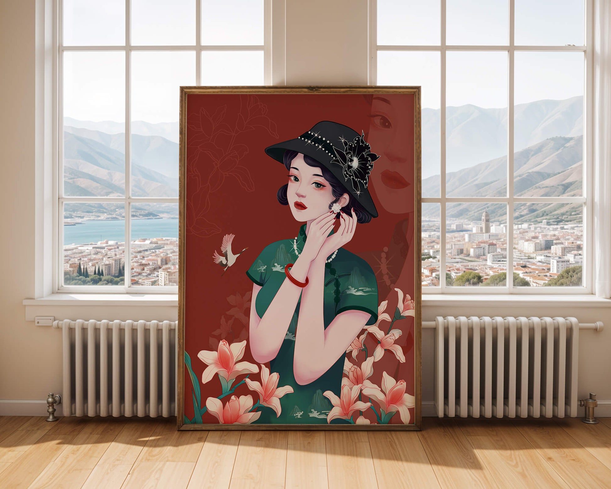 Elegant woman in vintage attire with floral hat and lilies