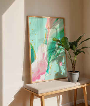 Obra de arte abstracta en pasteles y dorado con patrones fluidos