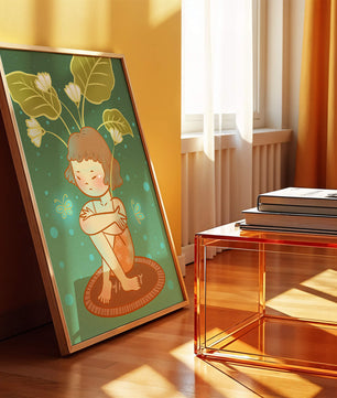 Ilustración de un niño con tocado floral y mariposas
