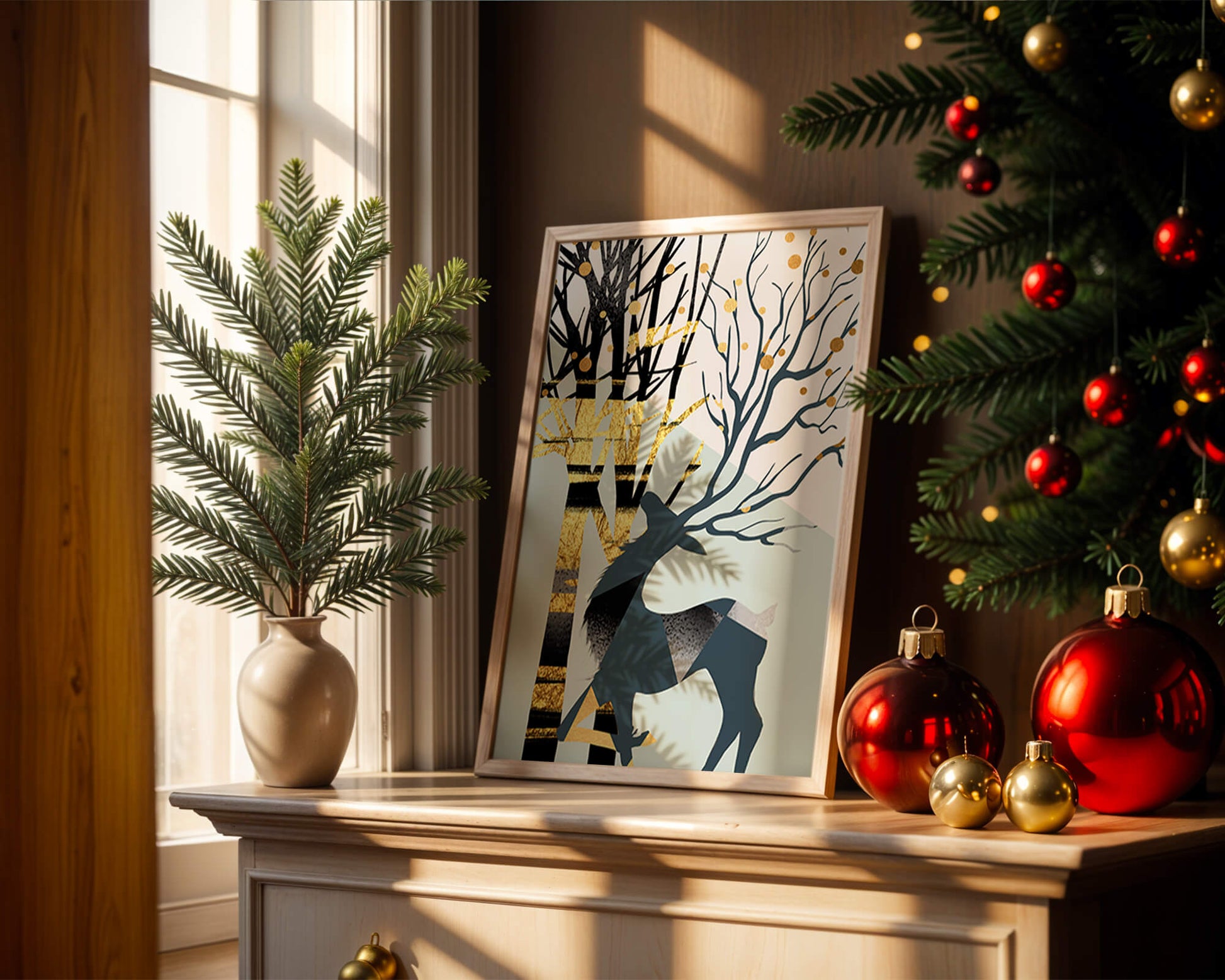 Abstract Deer Silhouette with Golden Accents and Trees