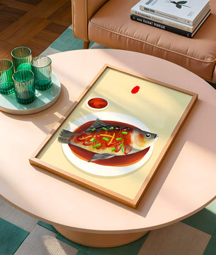 Illustration of a colorful fish dish with garnish