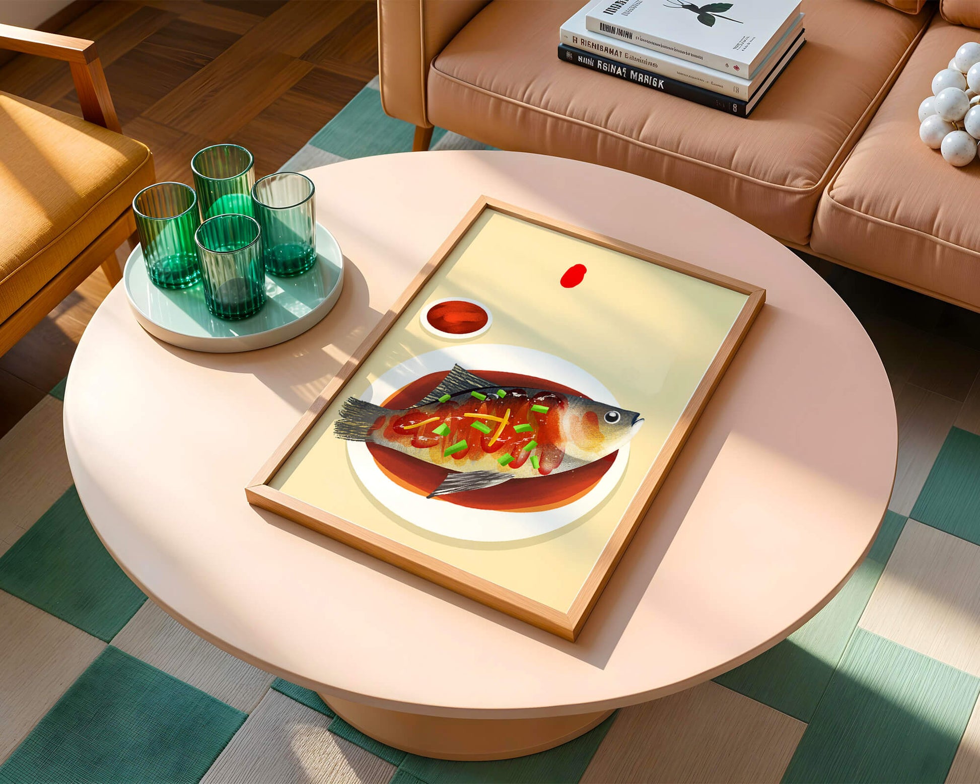 Illustration of a colorful fish dish with garnish