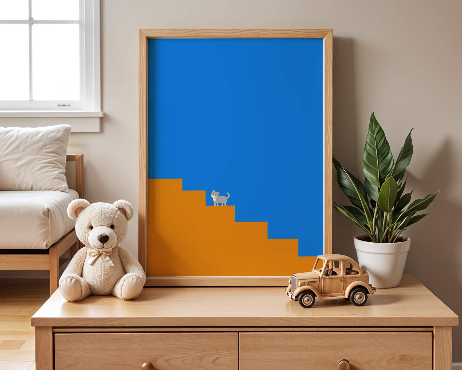 Minimalistic cat on stairs with blue background