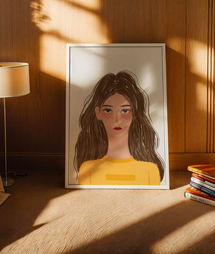 Illustrated portrait of a woman with long brown hair and expressive eyes