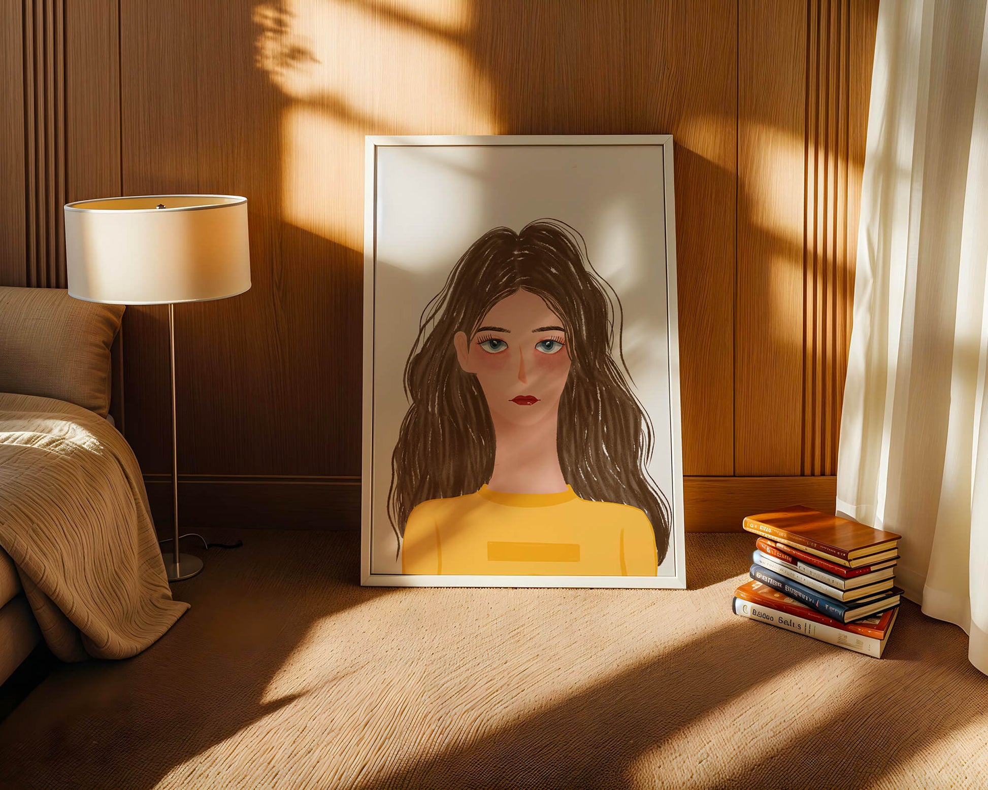 Illustrated portrait of a woman with long brown hair and expressive eyes