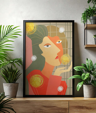 Abstract portrait artwork with geometric forms and gold accents
