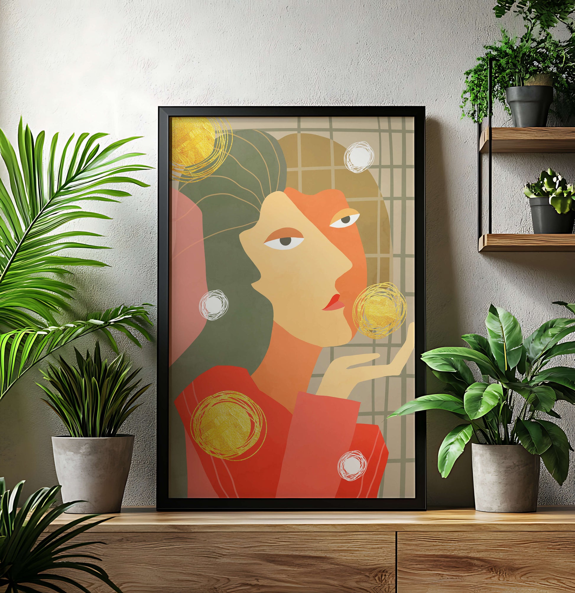 Abstract portrait artwork with geometric forms and gold accents