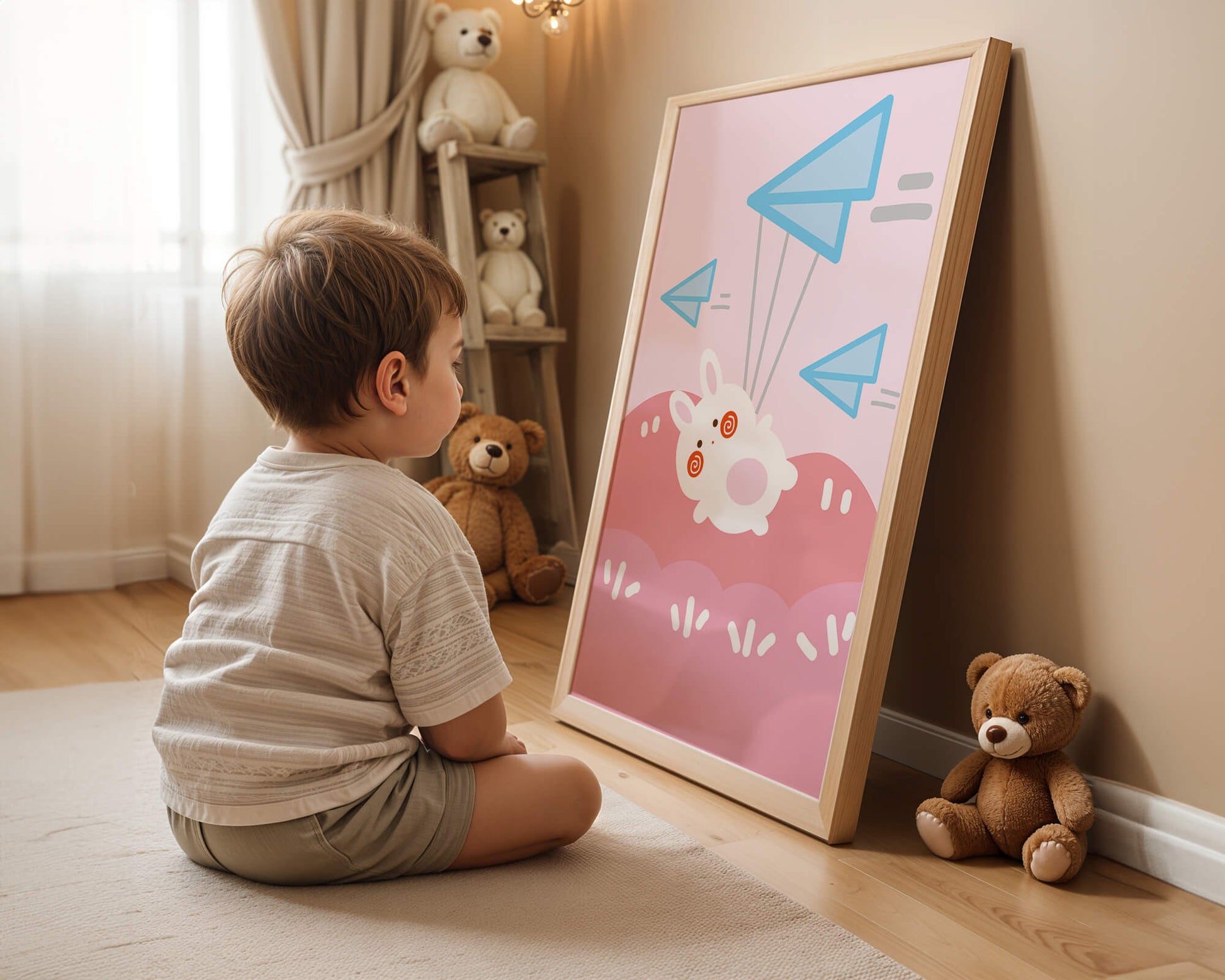 Adorable cartoon bunny flying with paper planes on a pink background