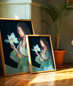 Elegant Woman Holding Glowing Lotus in Tranquil Nightscape