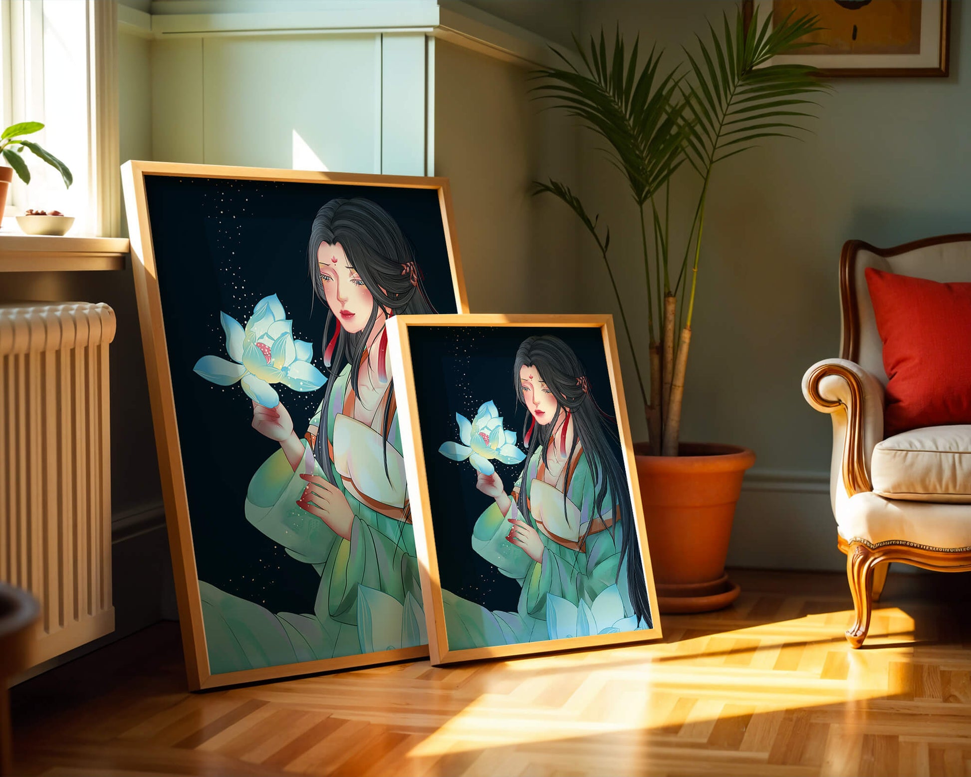 Elegant Woman Holding Glowing Lotus in Tranquil Nightscape