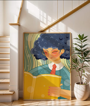 Illustration d'une personne lisant un grand livre jaune dans un style stylisé