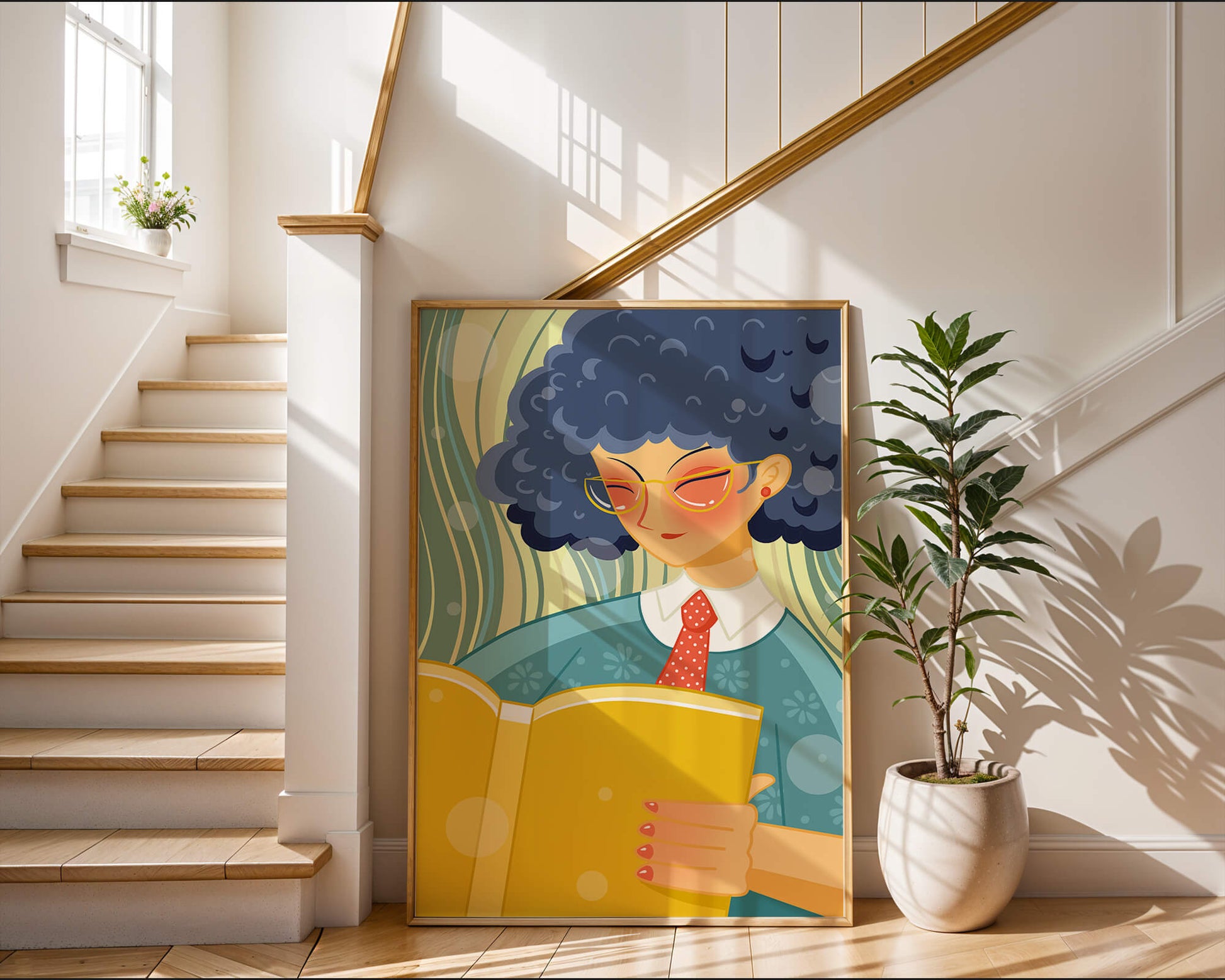 Illustration of a person reading a large yellow book in a stylized design