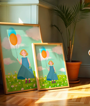 Girl with balloons in a field of daisies under a blue sky