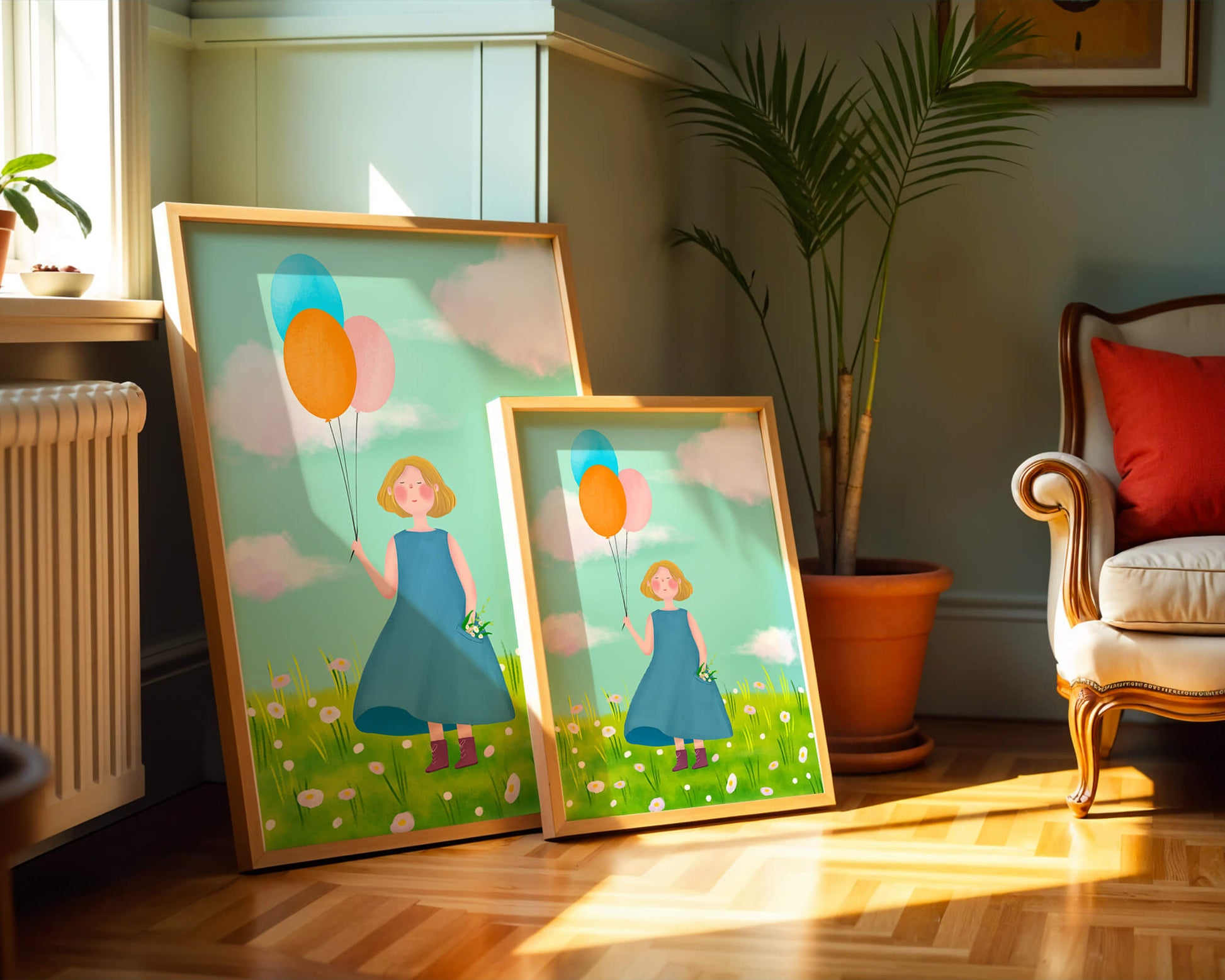 Girl with balloons in a field of daisies under a blue sky