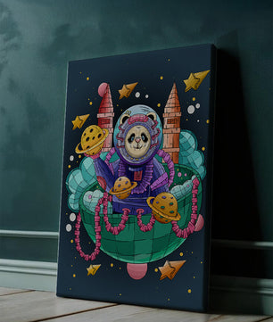Whimsical space panda illustration with planets and stars