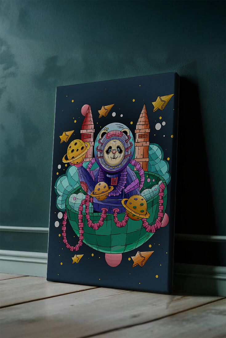Whimsical space panda illustration with planets and stars