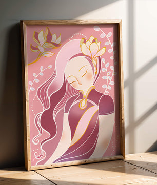 Elegant floral-themed female portrait with golden accents
