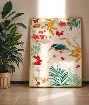Oiseaux et feuillages colorés dans un décor botanique tropical