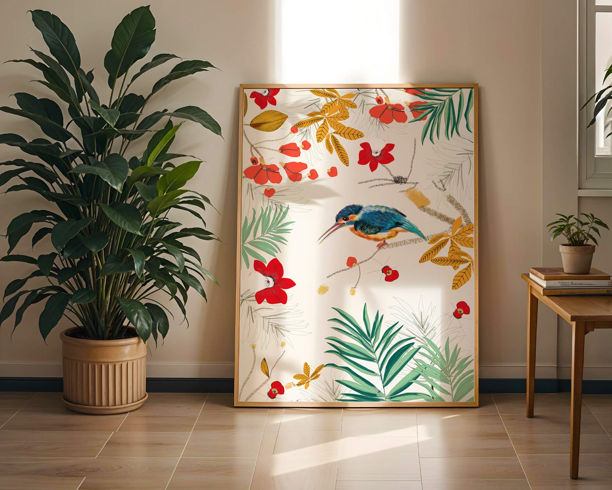 Oiseaux et feuillages colorés dans un décor botanique tropical