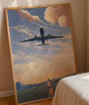 Serene airport departure with airplane and traveler at sunset