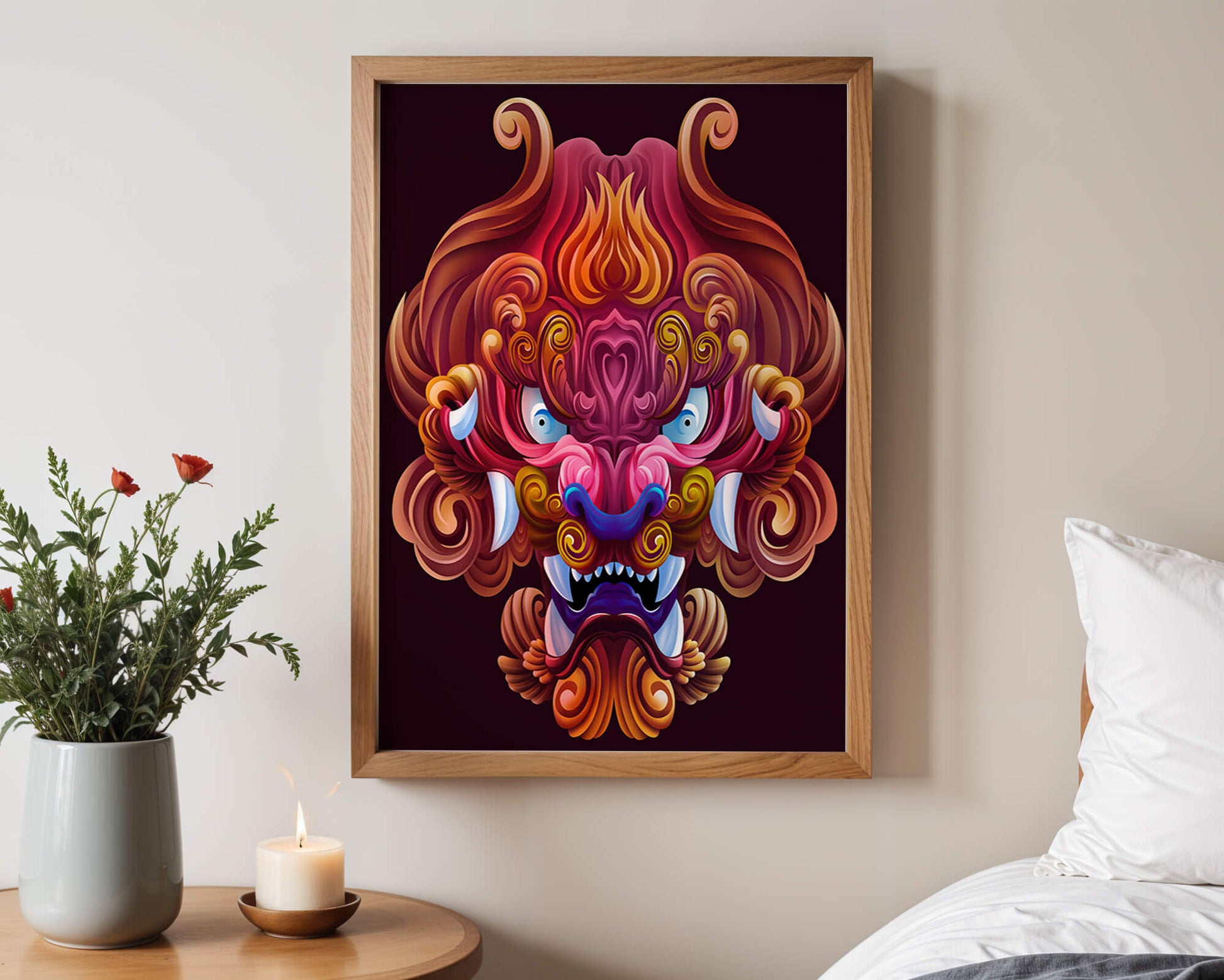 Intricate Colorful Dragon Face Illustration with Swirling Patterns