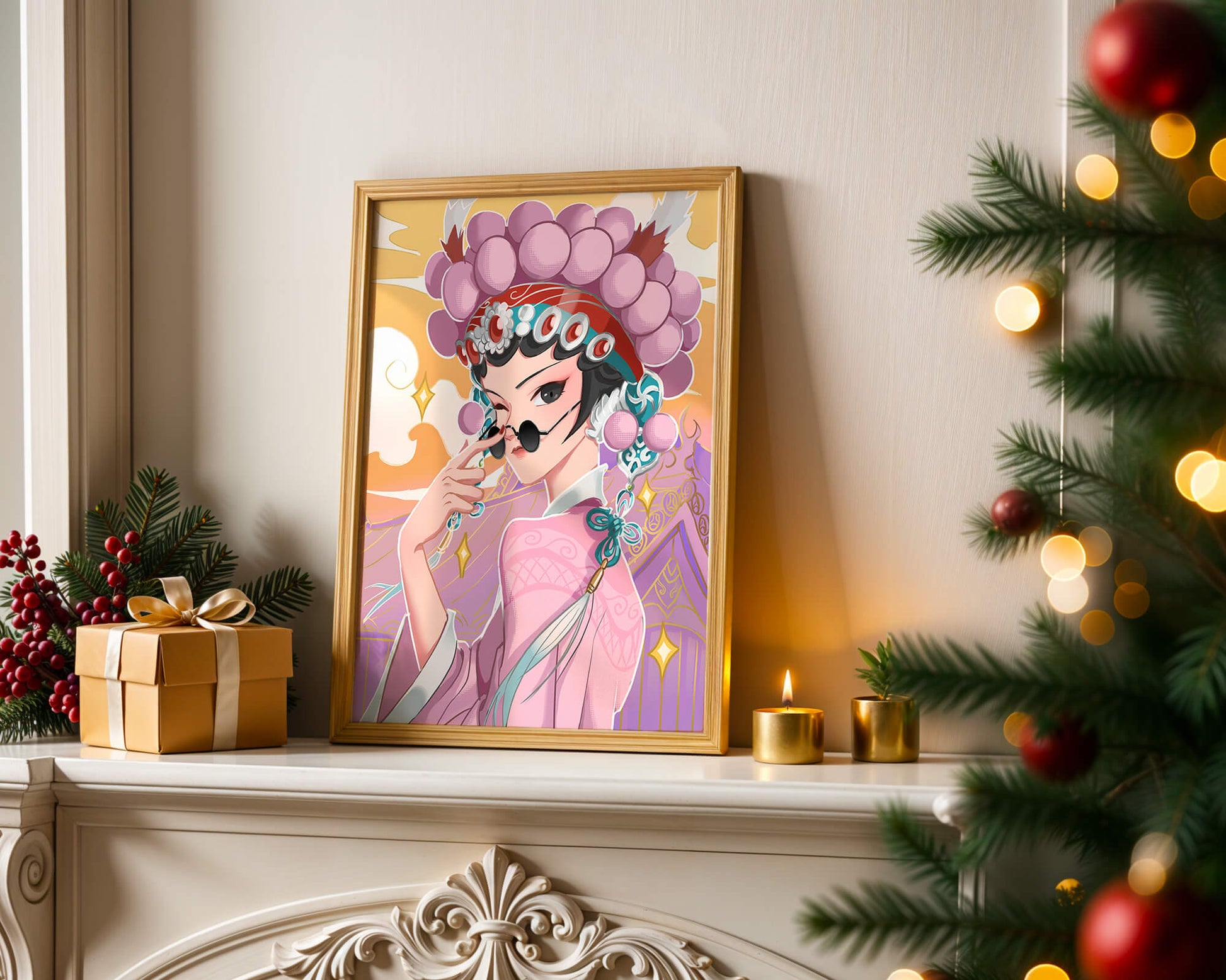 Elegant anime character in traditional attire with golden accents