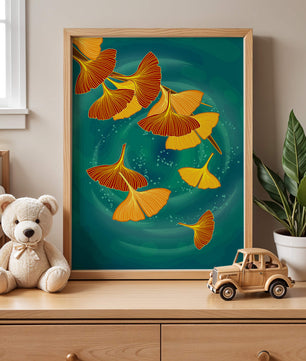 Blätter des Ginkgo-Stylings auf einem türkisfarbenen Hintergrund schweben