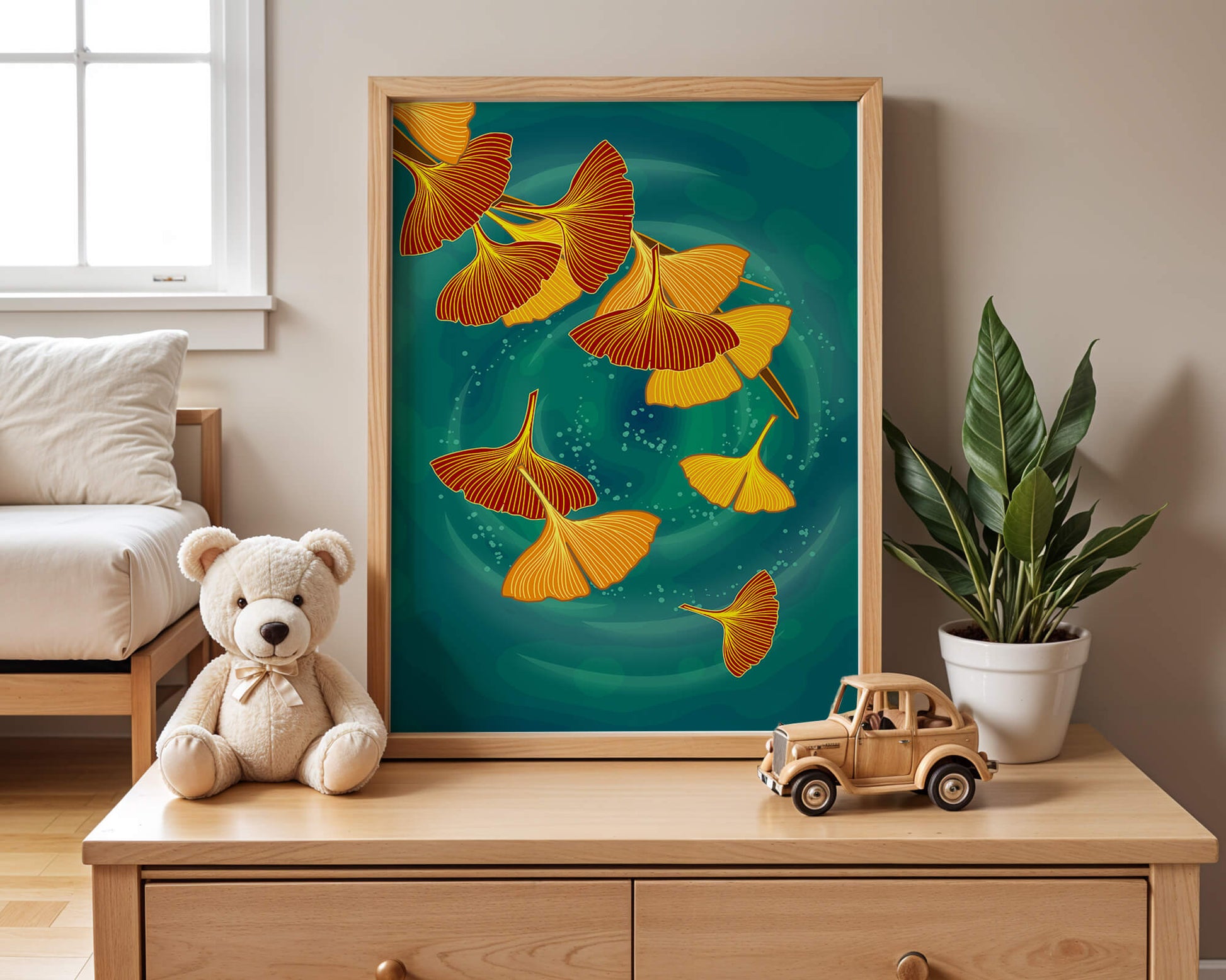 Stylized Ginkgo Leaves Floating on a Turquoise Background