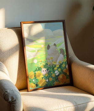 Whimsical Scene of Fluffy Cat and Kitten Among Yellow Flowers