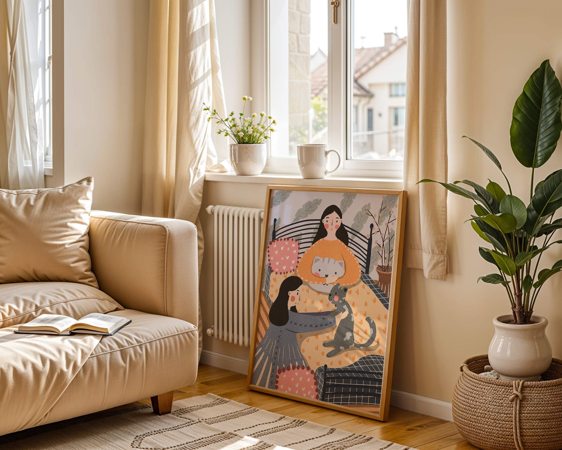 Escena interior acogedora con mujeres, gatos y elementos decorativos