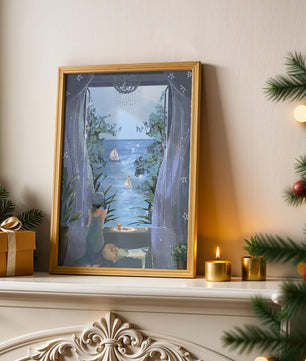 Serene seaside view from an open window with a sailboat and relaxing atmosphere