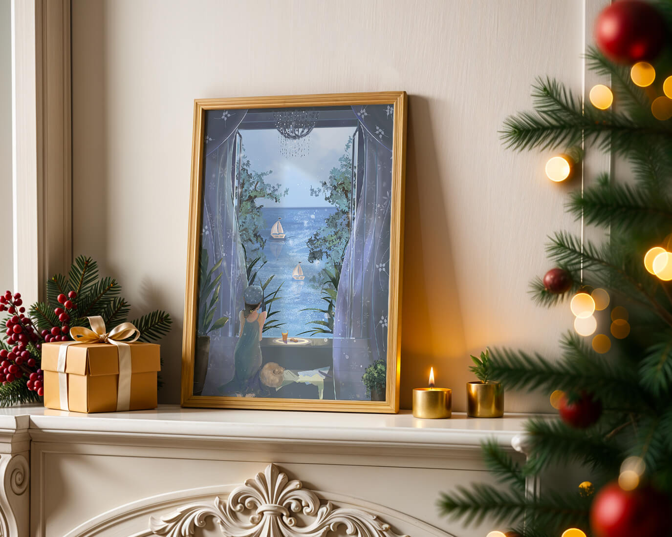 Serene seaside view from an open window with a sailboat and relaxing atmosphere
