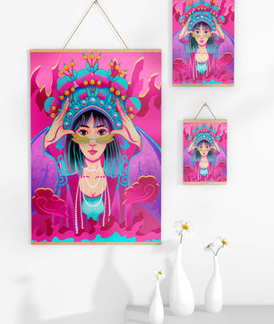 Ilustración colorida de una mujer con traje tradicional y tocado ornamental