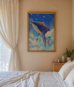 Illustration onirique d'une fille chevauchant une baleine à travers le ciel