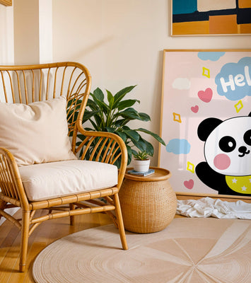 Panda illustration with playful elements and pastel colors