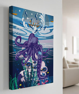 Colorful underwater scene with octopus and fishing boat above