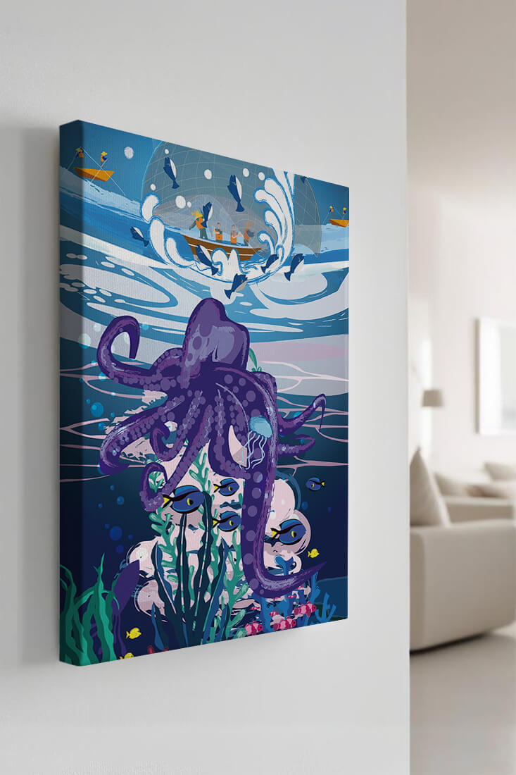 Colorful underwater scene with octopus and fishing boat above