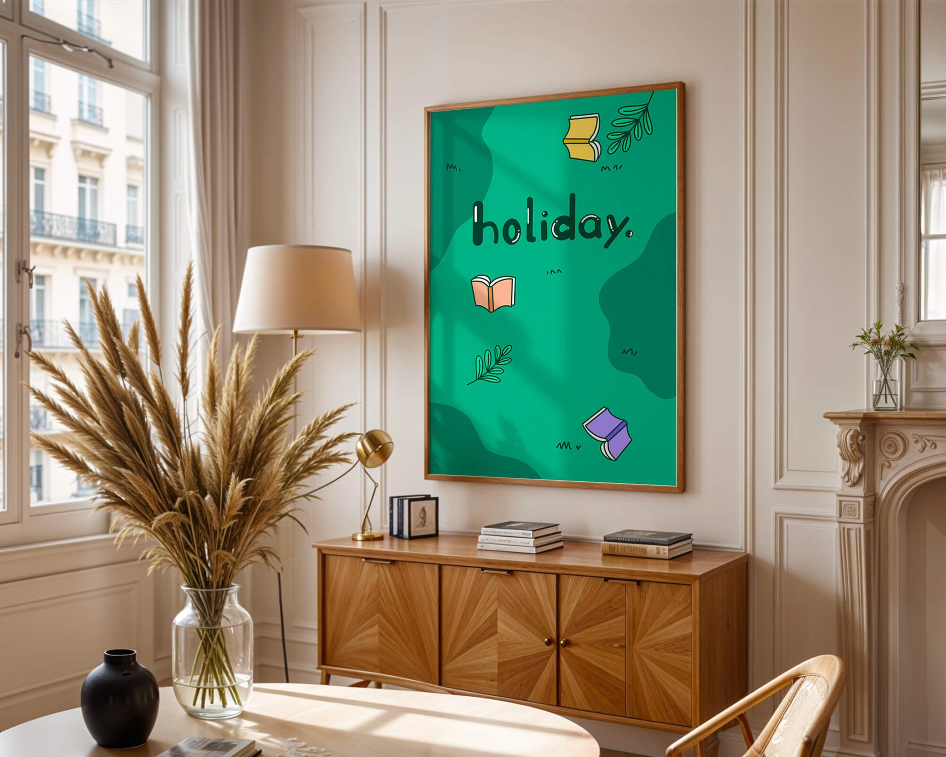 Colorful holiday-themed design with books and leaves