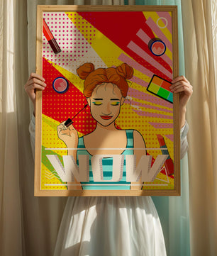 Ilustración de arte pop vibrante con una niña sonriente con maquillaje colorido y patrones audaces