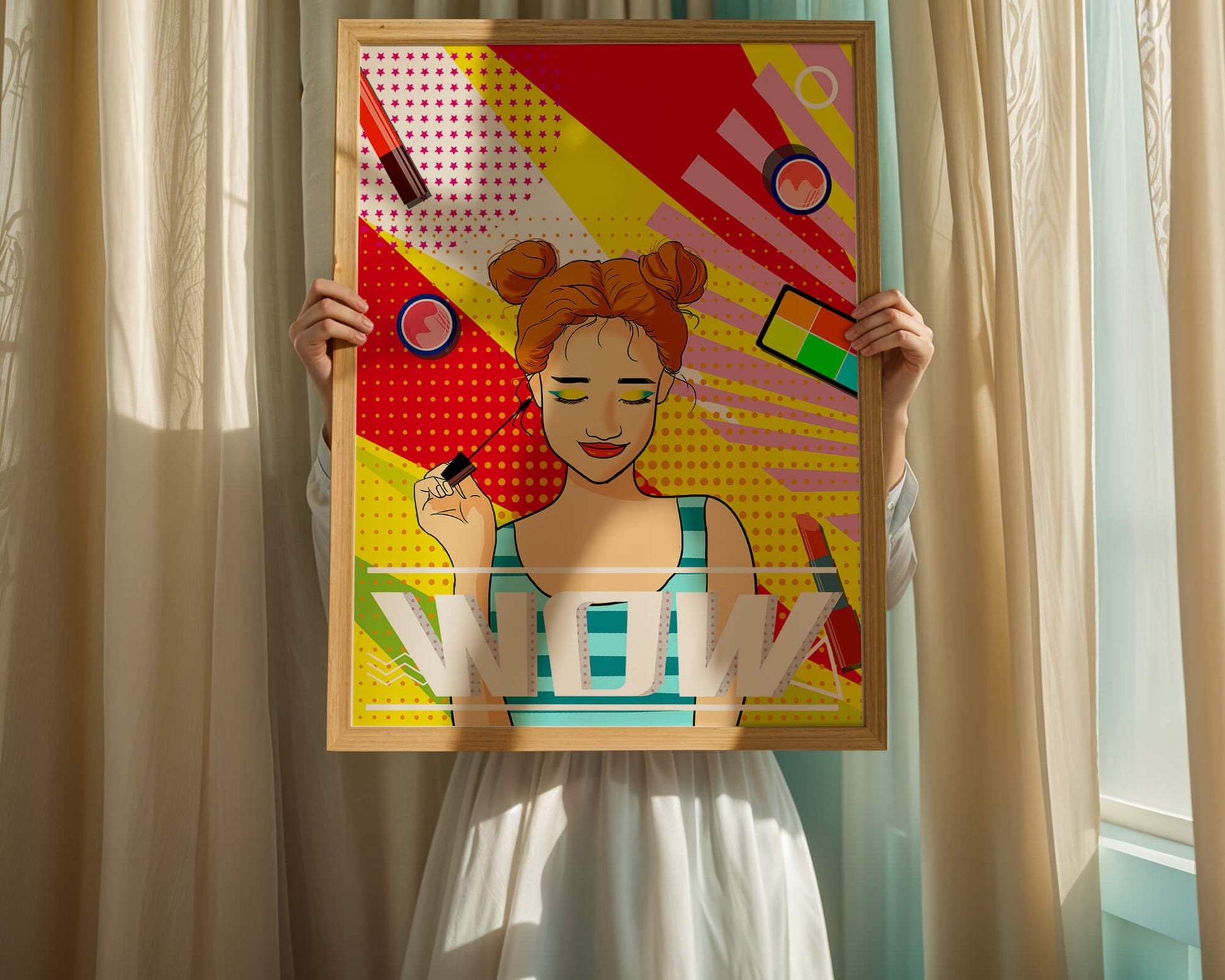 Ilustración de arte pop vibrante con una niña sonriente con maquillaje colorido y patrones audaces