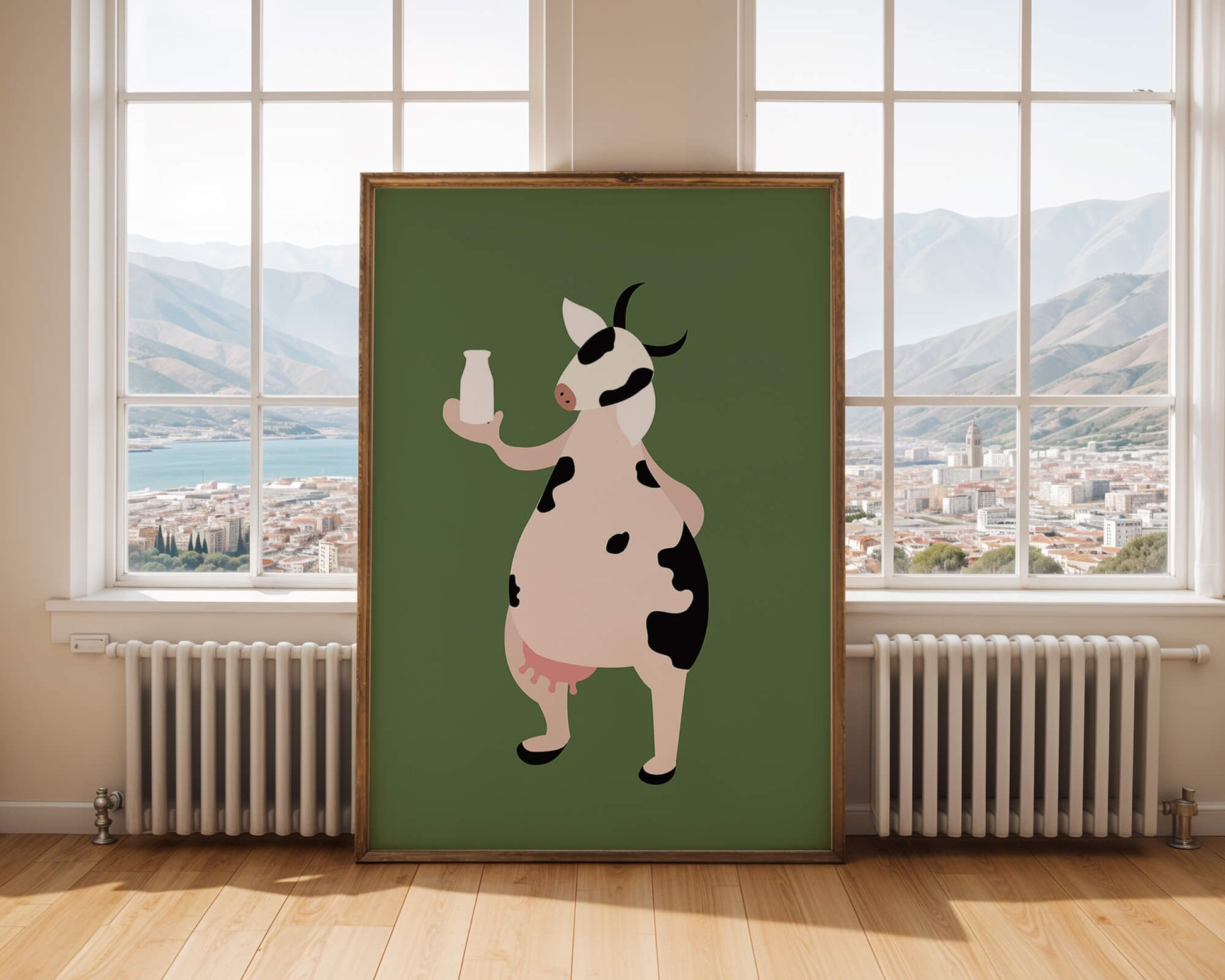 Illustration of anthropomorphic cow holding a milk bottle on green background