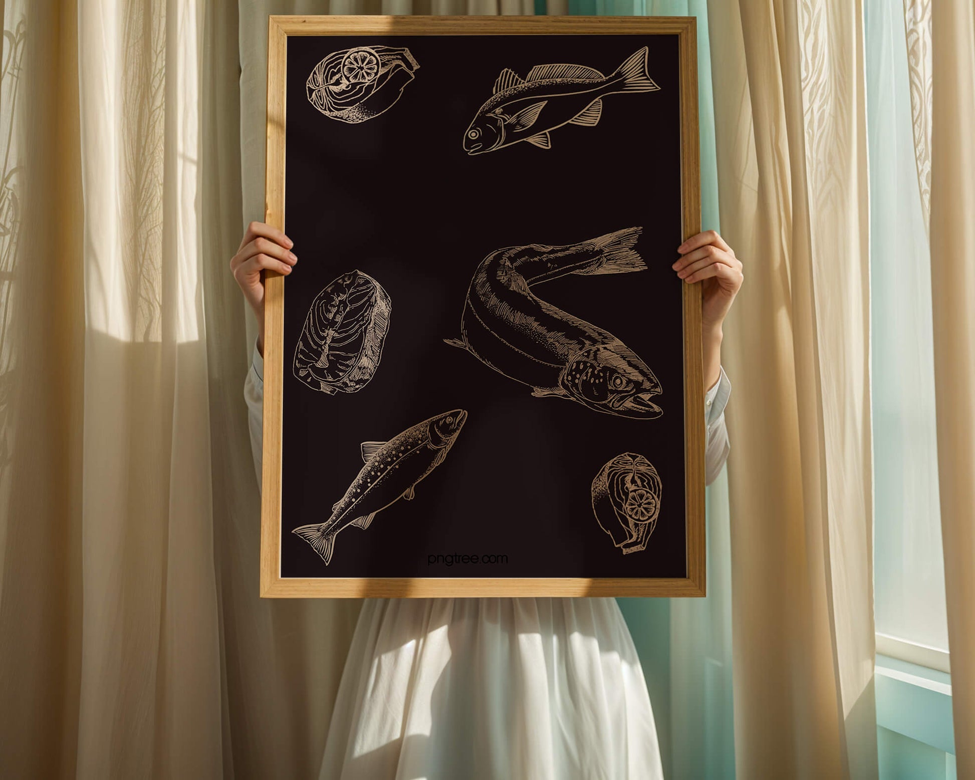 Detailed illustration of fish and seafood elements on dark background