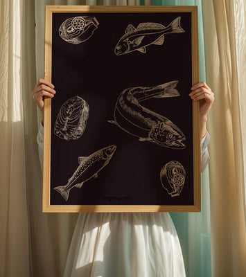 Detailed illustration of fish and seafood elements on dark background