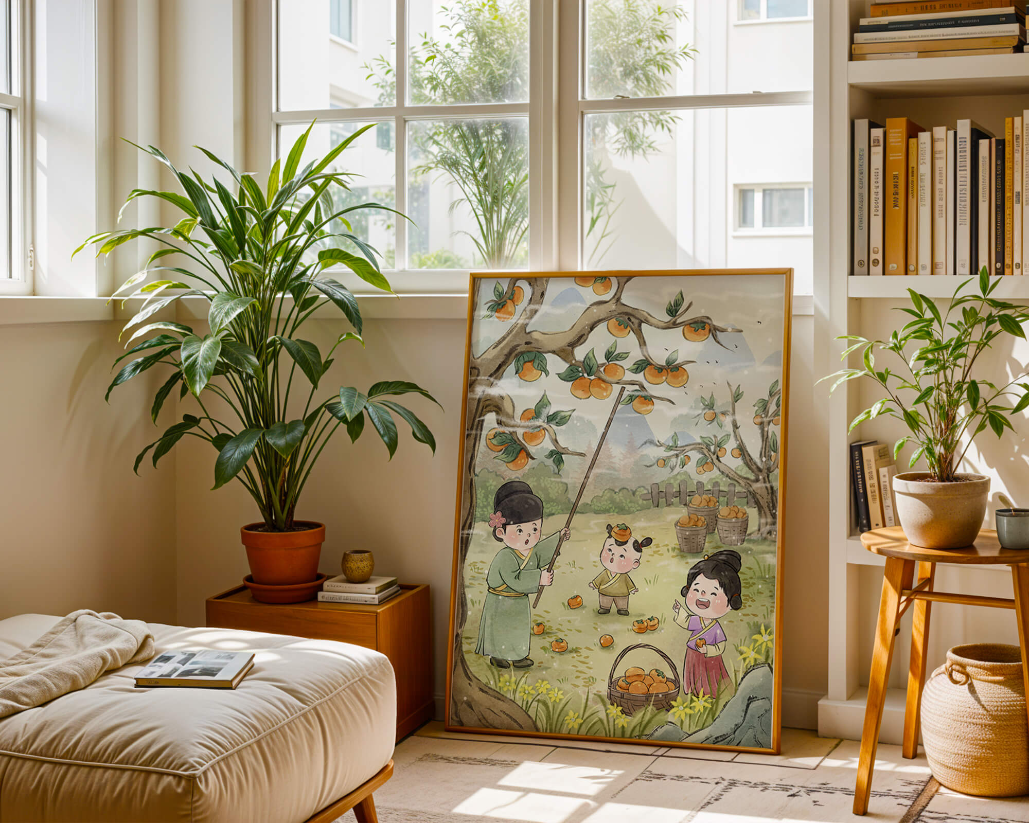 Illustration of children harvesting persimmons in a traditional setting